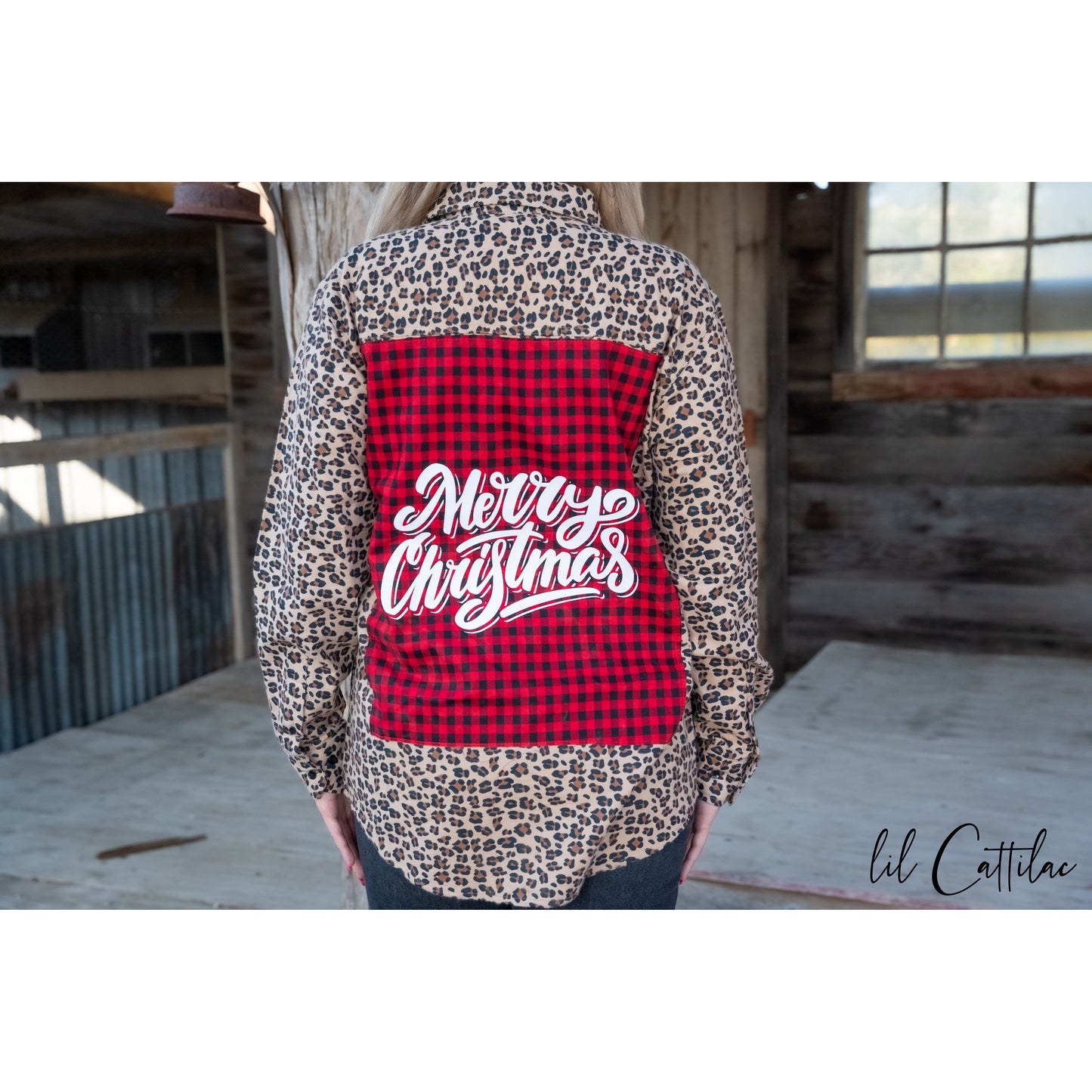 Merry Christmas Plaid Patch on an Animal Print Flannel