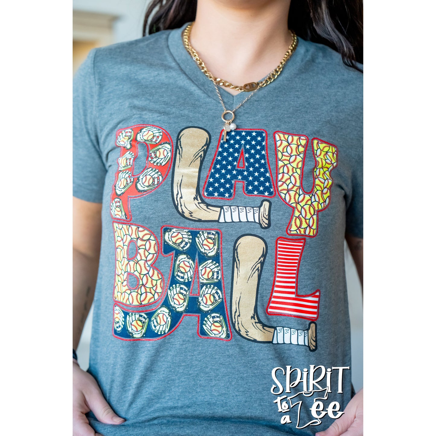 Play Ball - V-Neck Softball Tee