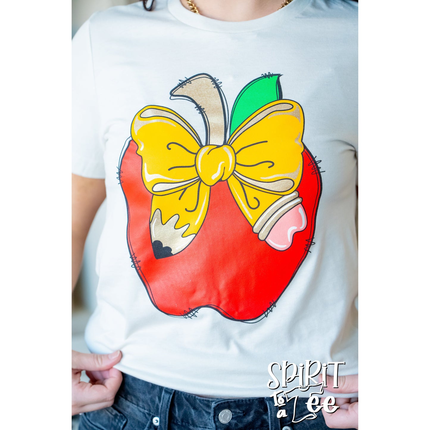 Teacher Apple with Pencil Bow Tee