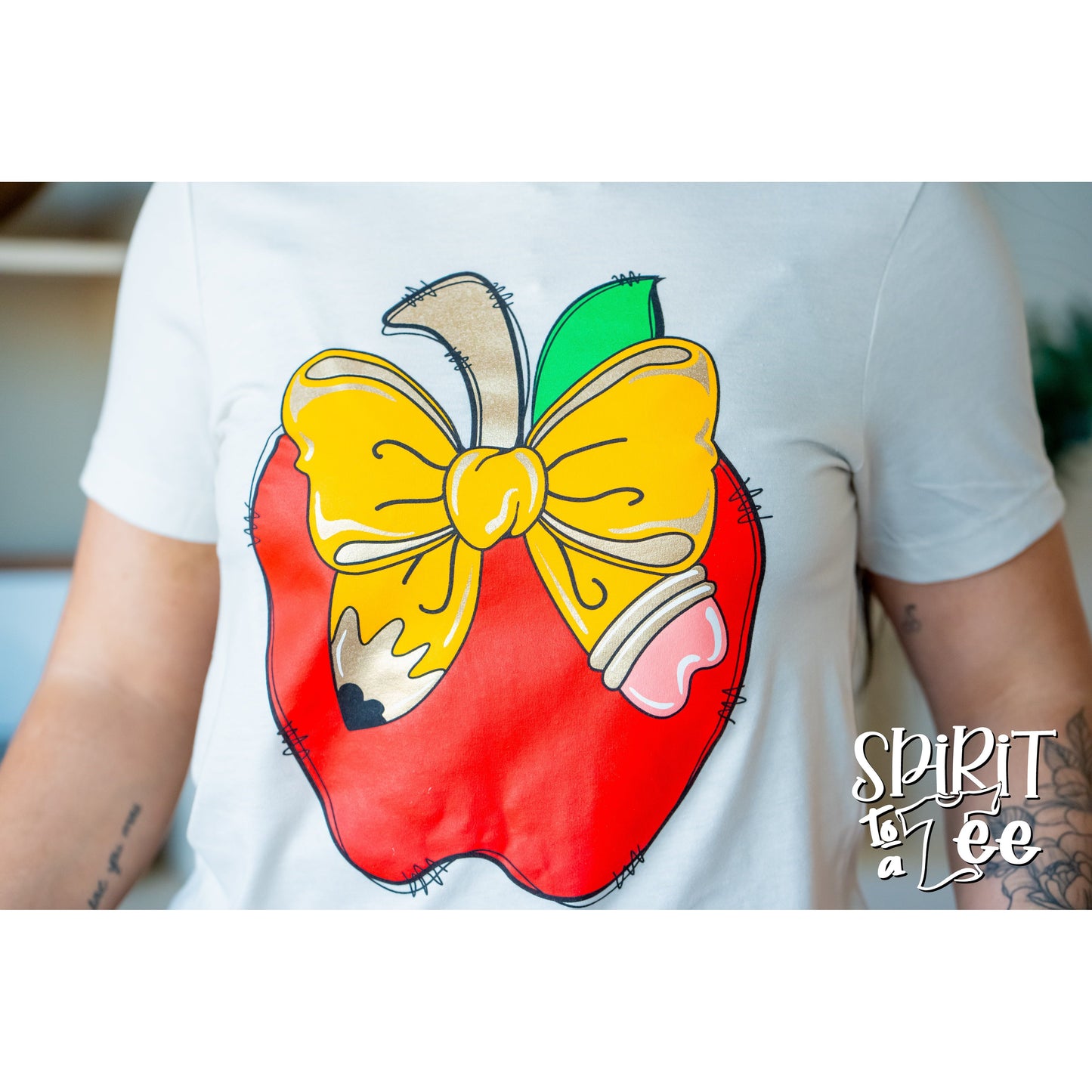 Teacher Apple with Pencil Bow Tee