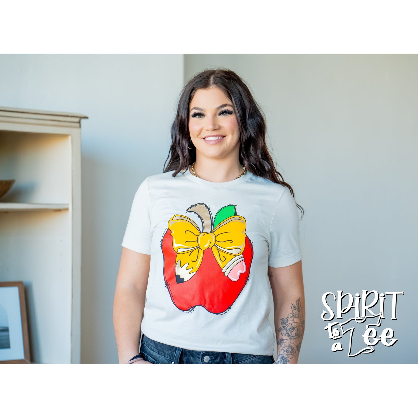 Teacher Apple with Pencil Bow Tee