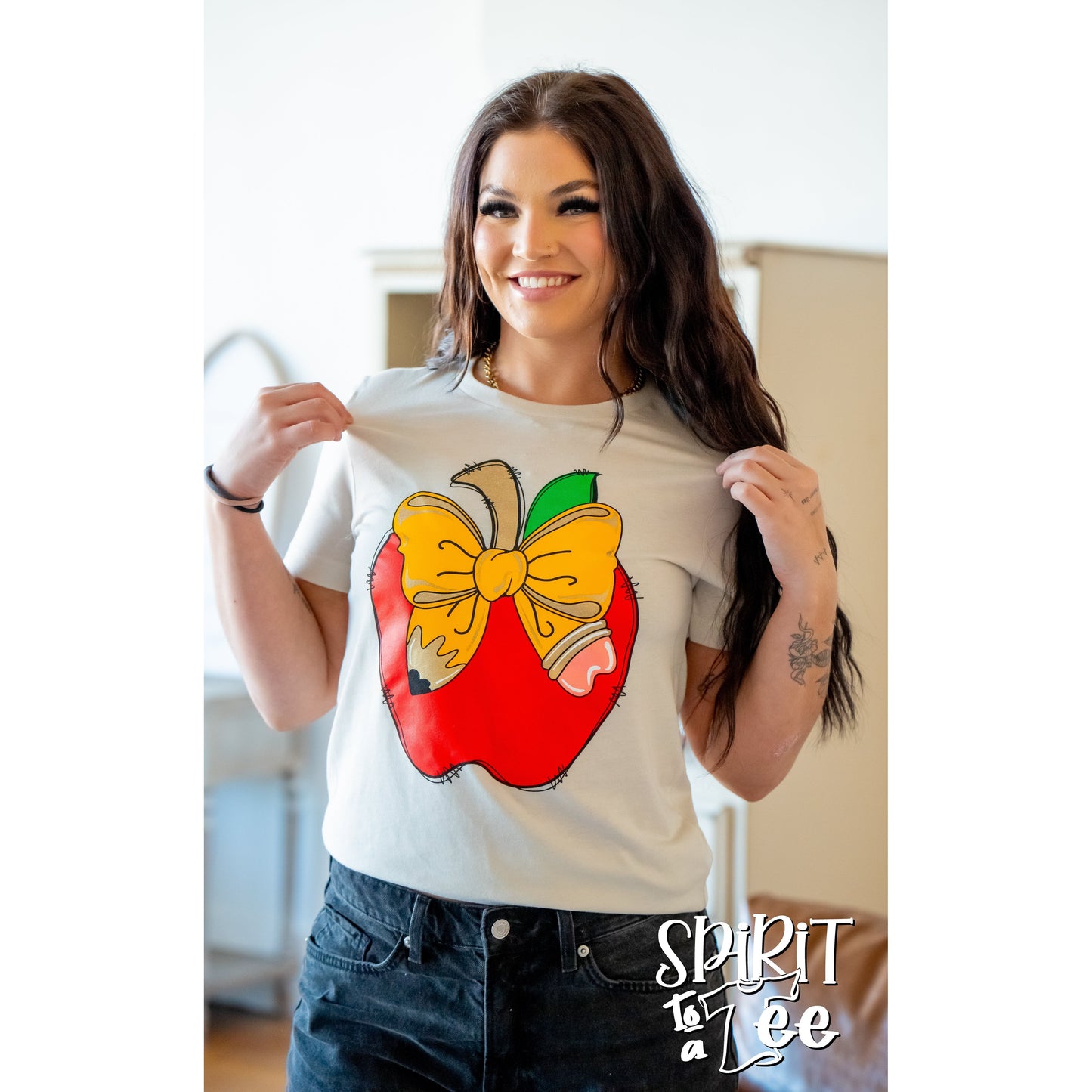 Teacher Apple with Pencil Bow Tee