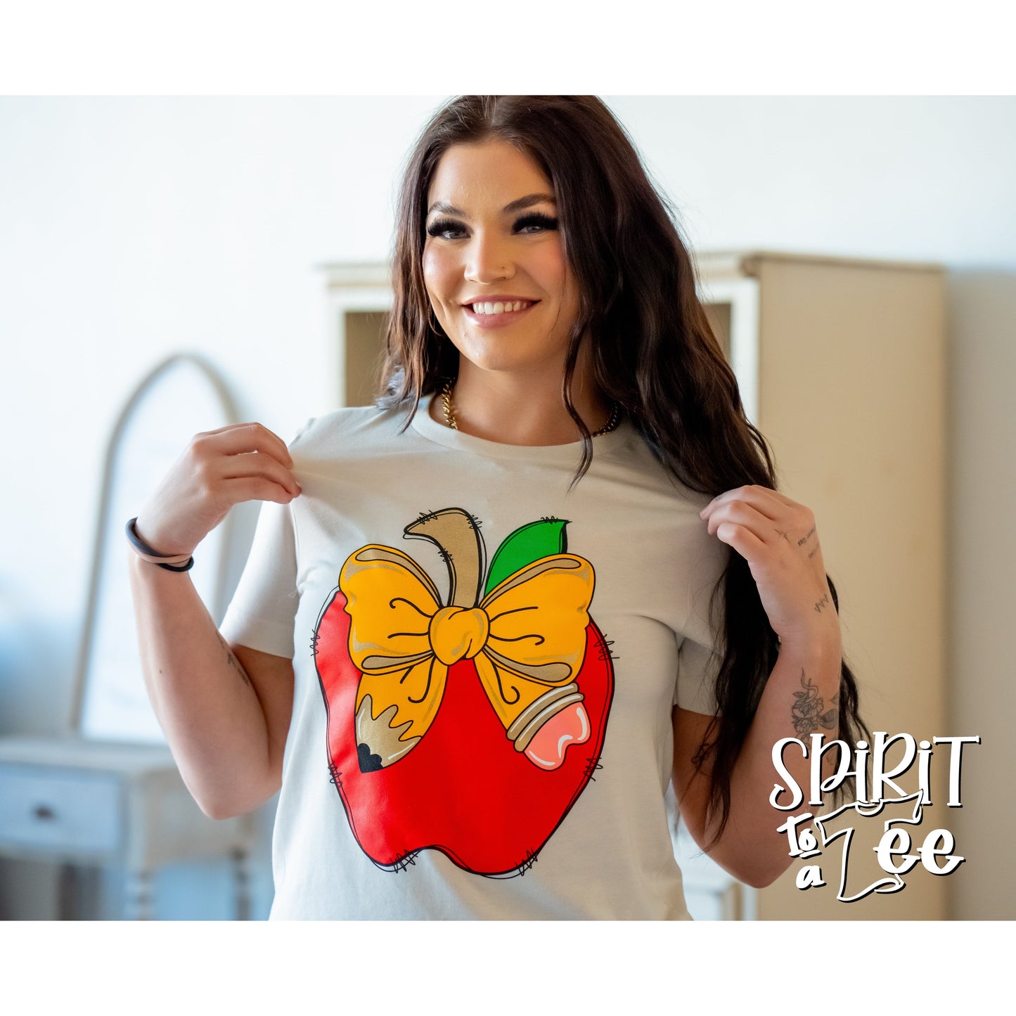 Teacher Apple with Pencil Bow Tee