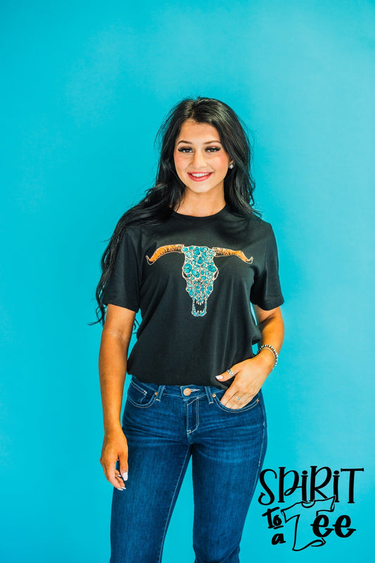 Cow Skull with Turquoise Stones - Western Tee