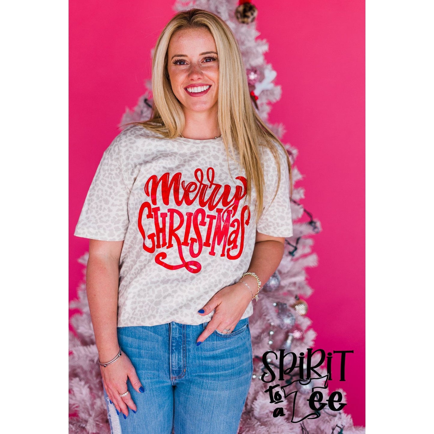 Merry Christmas on Natural Animal Print Tee