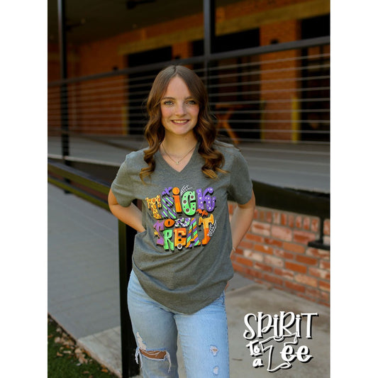 Trick or Treat - Patterned Halloween V-Neck Tee