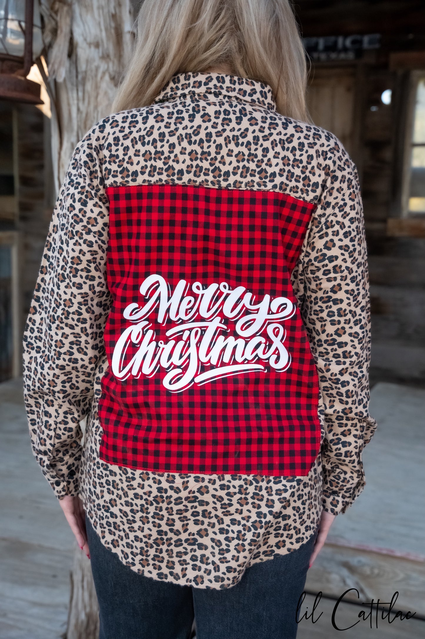 Merry Christmas Plaid Patch on an Animal Print Flannel