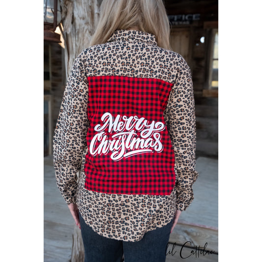 Merry Christmas Plaid Patch on an Animal Print Flannel