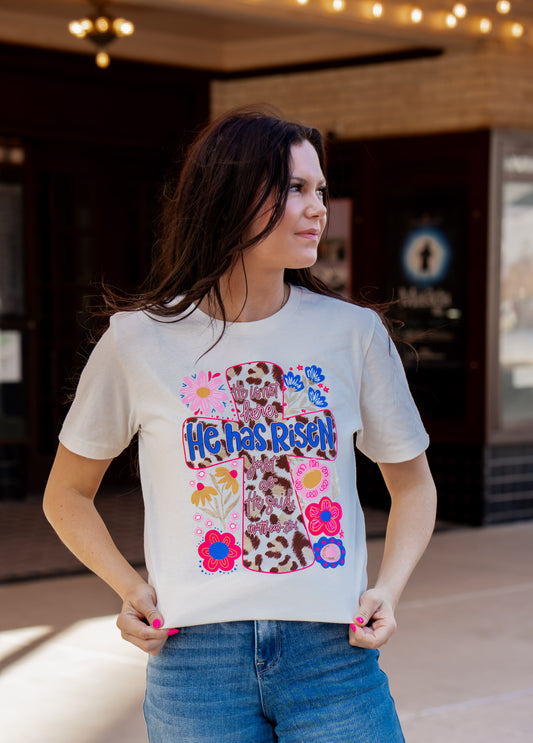 He Has Risen Cross Flowers - Easter Tee