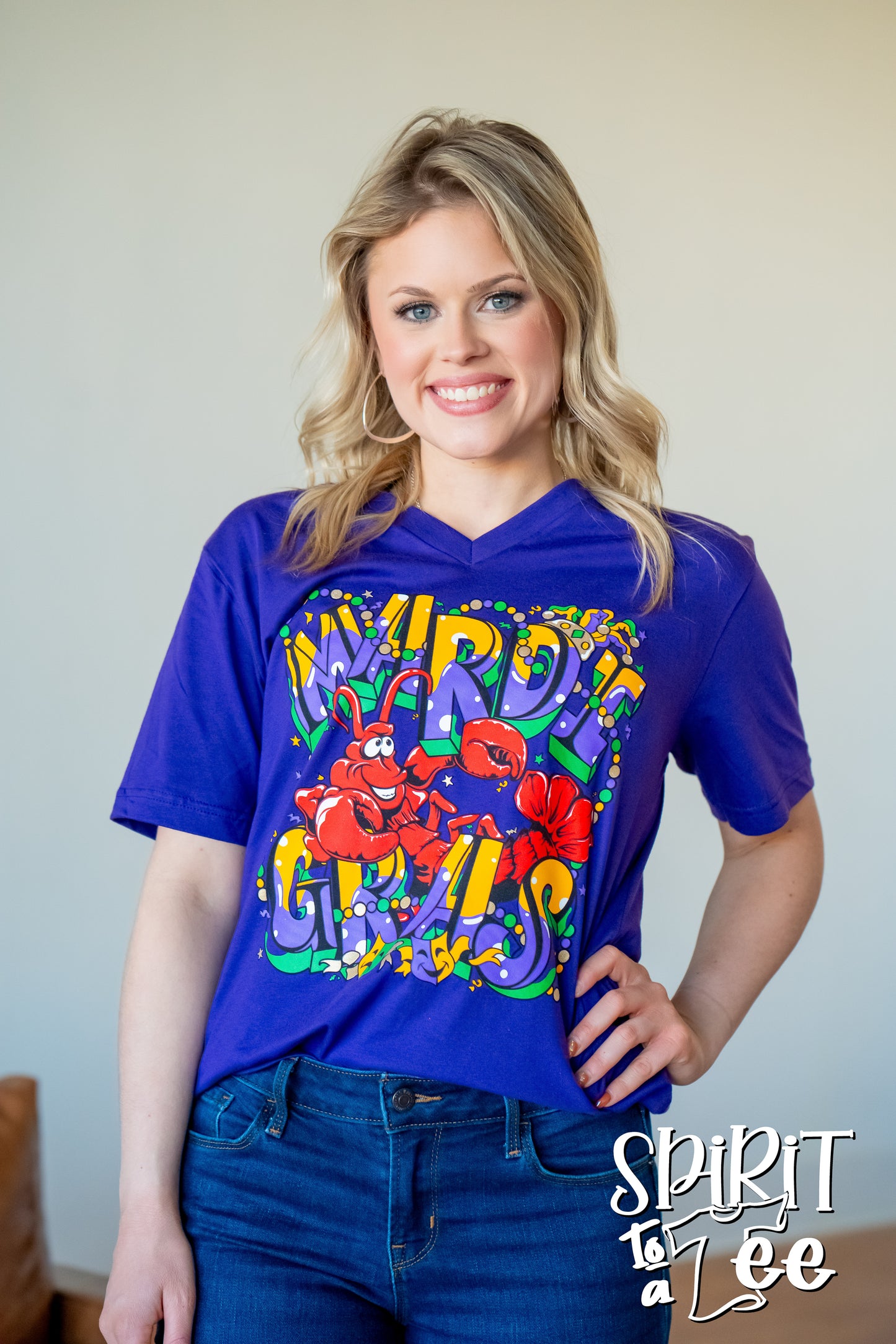 Mardi Gras Crawfish V-Neck Tee