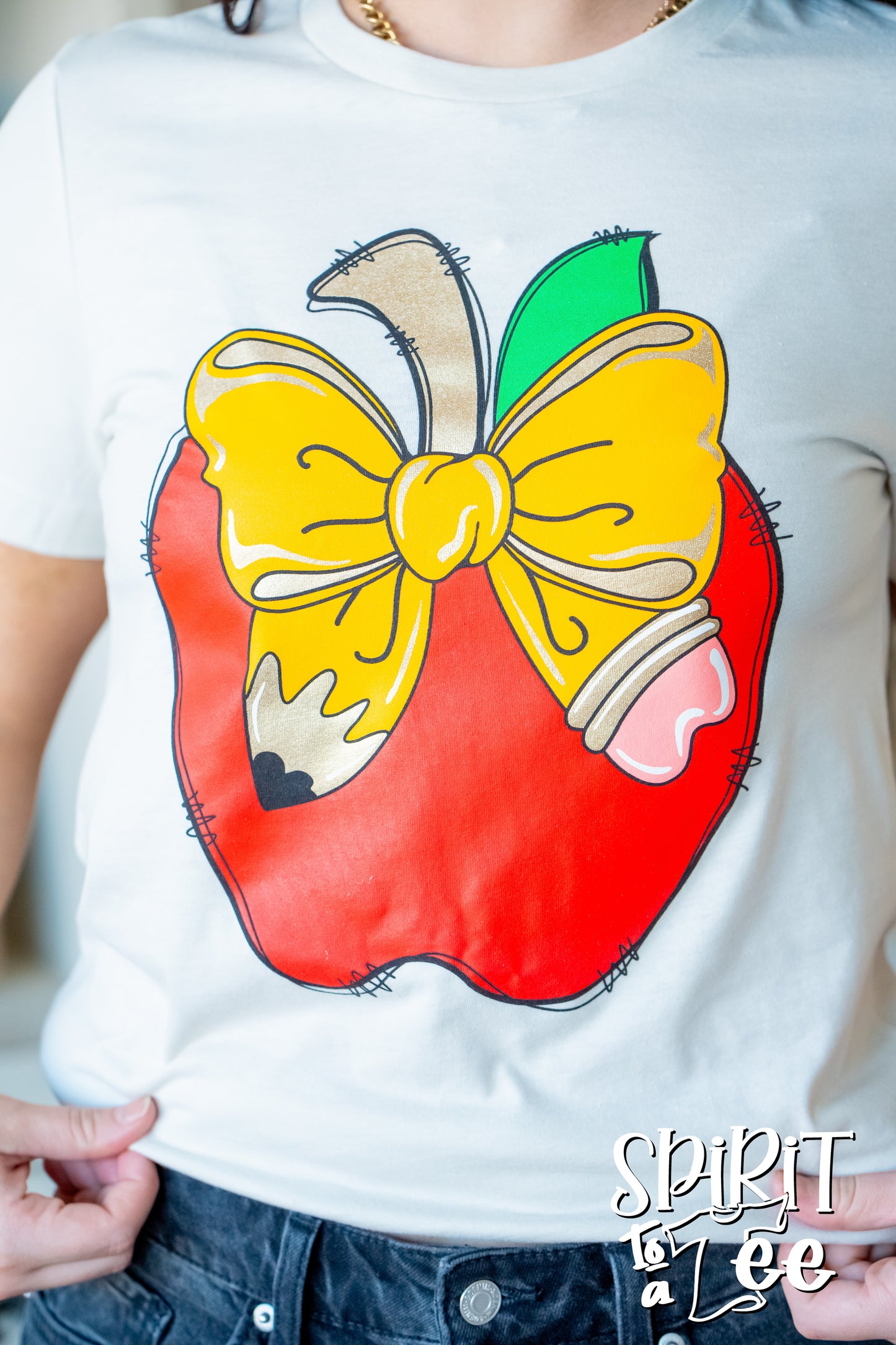 Teacher Apple with Pencil Bow Tee