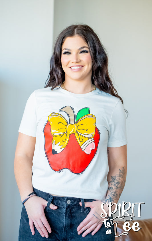 Teacher Apple with Pencil Bow Tee