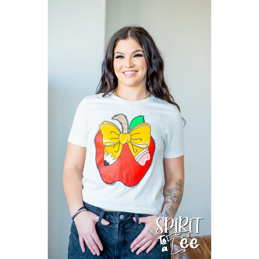 Teacher Apple with Pencil Bow Tee