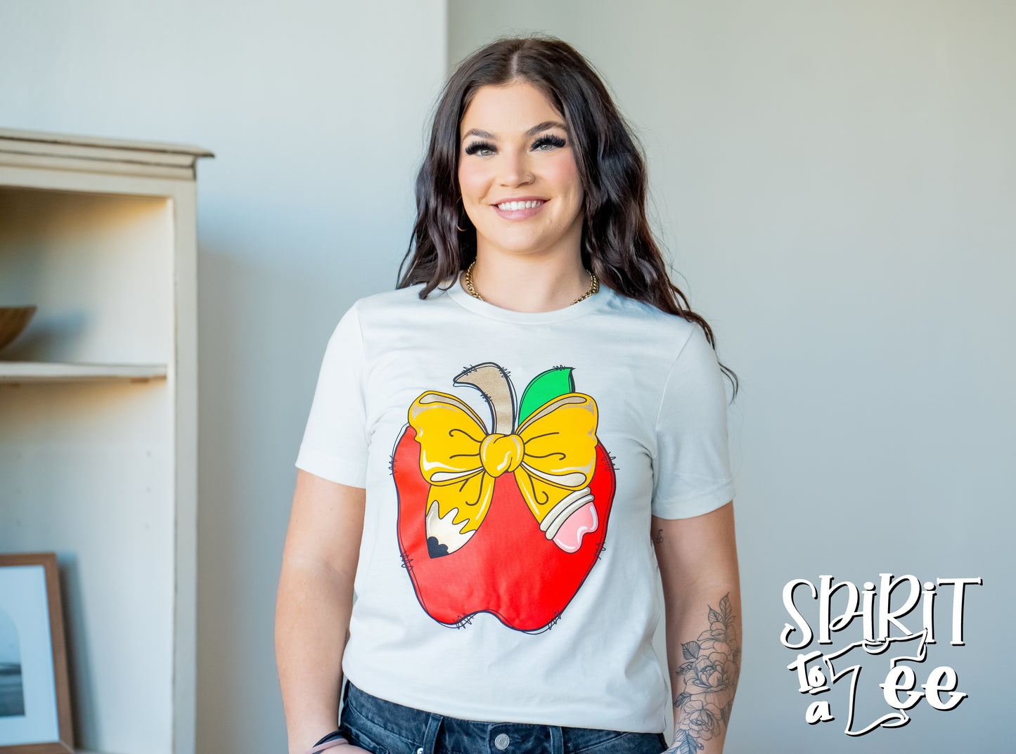 Teacher Apple with Pencil Bow Tee