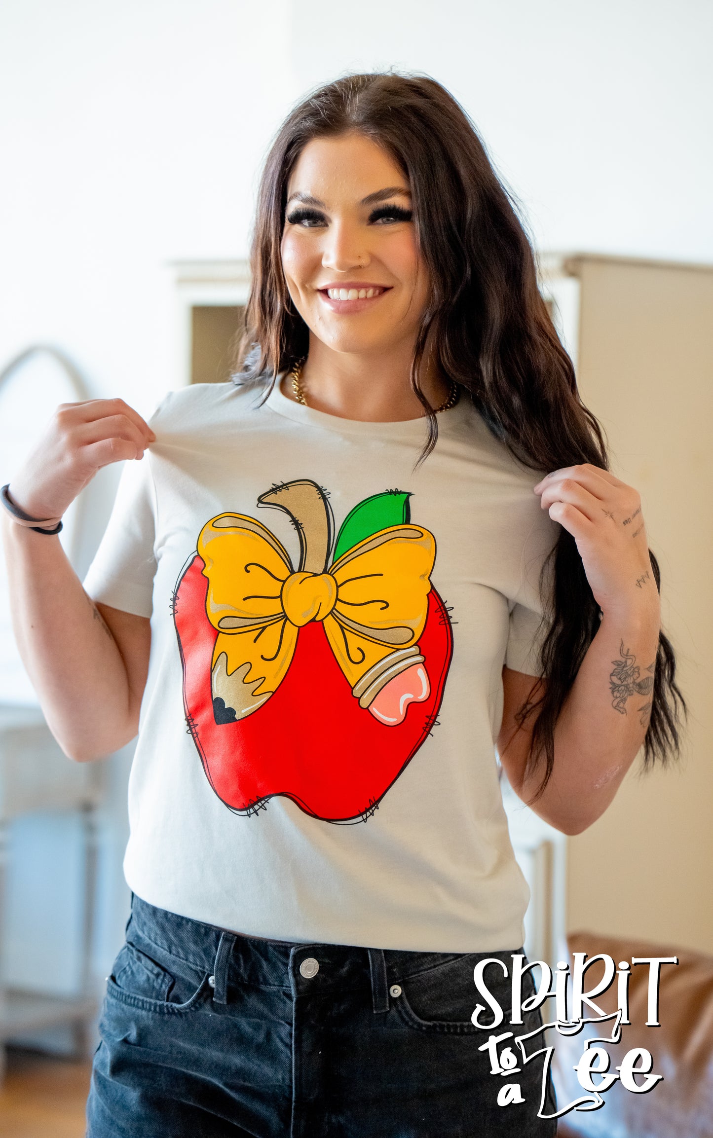 Teacher Apple with Pencil Bow Tee