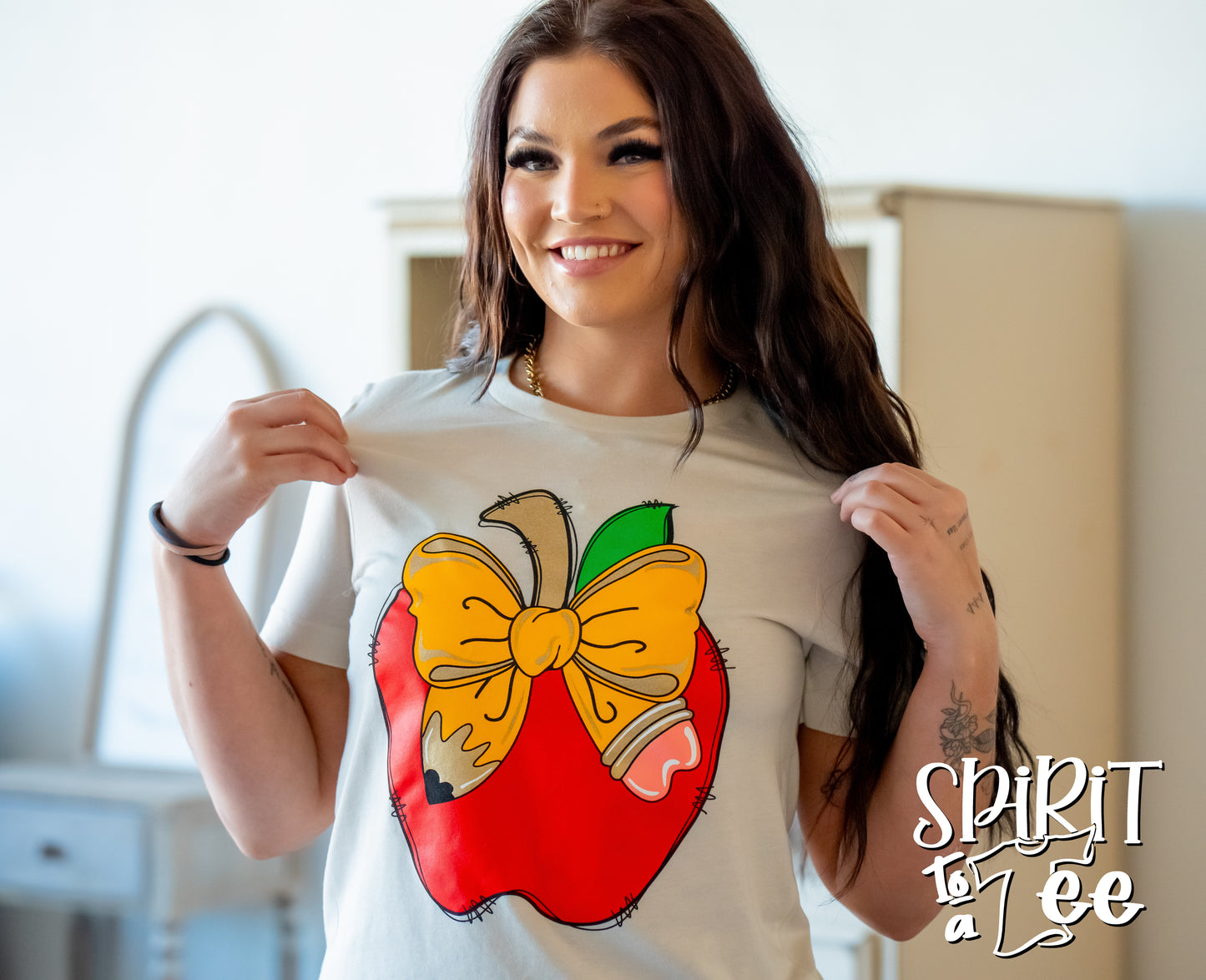 Teacher Apple with Pencil Bow Tee