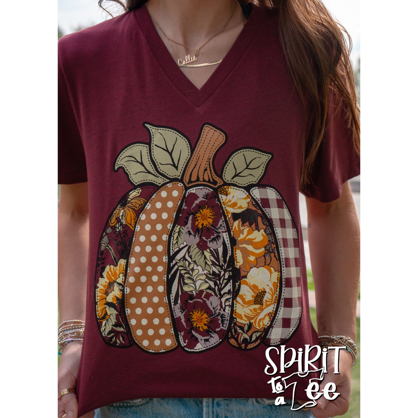 Floral & Patterned Pumpkin V-Neck - Thanksgiving Tee